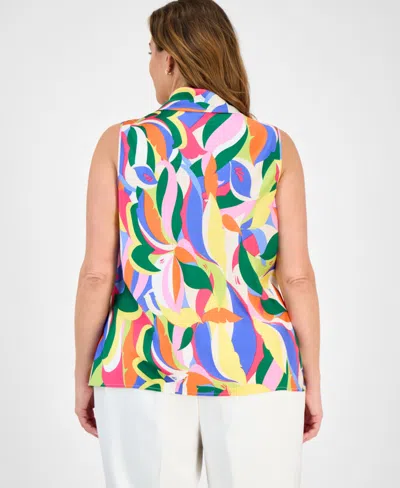 Tahari Asl Plus Size Sailor-tie Sleeveless Blouse In Clover Swirl