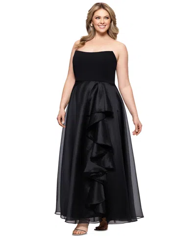 Betsy & Adam Plus Size Mixed-material Strapless Ball Gown In Black