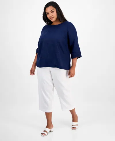 Charter Club Plus Size Ladder-trim Linen Top, Exclusively At Macy's In Intrepid Blue