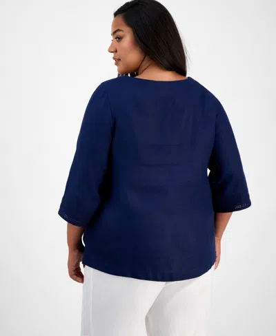 Charter Club Plus Size Ladder-trim Linen Top, Exclusively At Macy's In Intrepid Blue