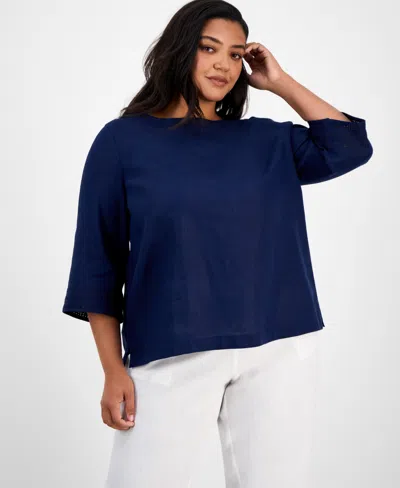Charter Club Plus Size Ladder-trim Linen Top, Exclusively At Macy's In Intrepid Blue