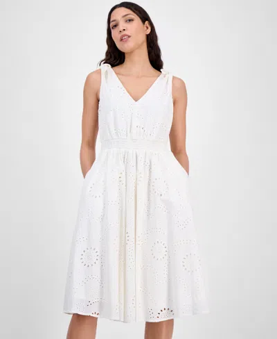 Anne Klein Women's Cotton Eyelet Sleeveless Fit & Flare Dress In Pearl White