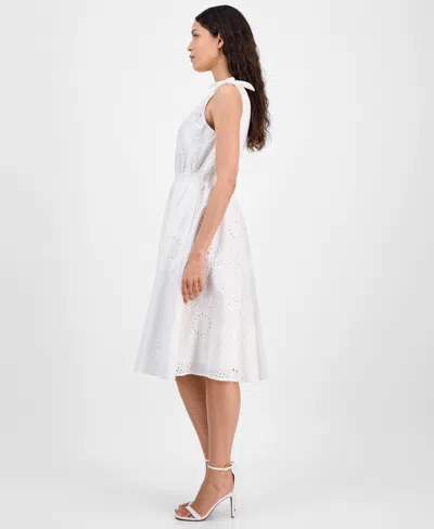 Anne Klein Women's Cotton Eyelet Sleeveless Fit & Flare Dress In Pearl White