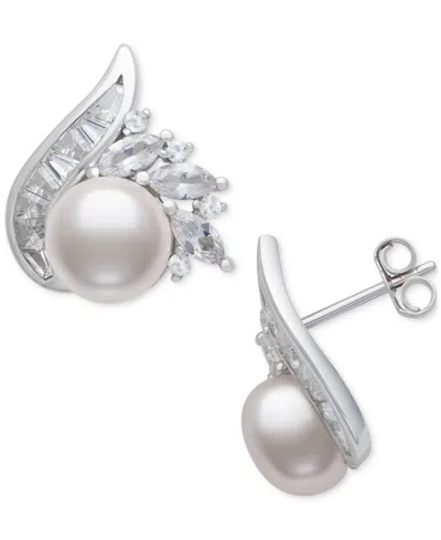 BELLE DE MER CULTURED FRESHWATER PEARL (8-9MM) & LAB CREATED WHITE SAPPHIRE (2 CT. T.W.) MIXED CUT SWIRL STUD EAR 