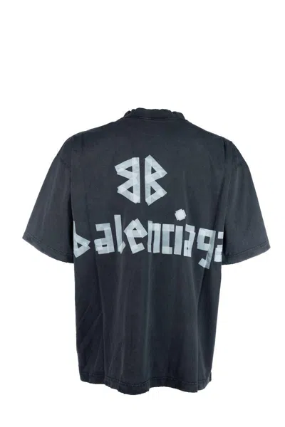 Balenciaga Black T-shirt With Lettering Logo Printed On The Front And Back In Cotton Man In Faded Washed Black