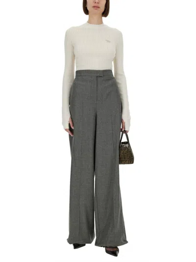 Fendi Slim Fit Ribbed Sweater Knitwear White In White
