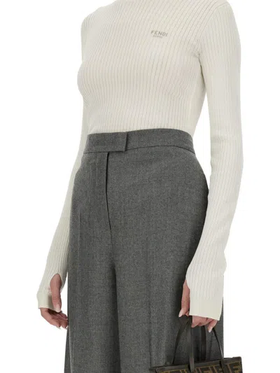 Fendi Slim Fit Ribbed Sweater Knitwear White In White