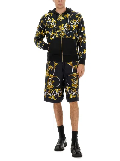 Shop Versace Jeans Couture Shorts With Baroque Outline Print In Black