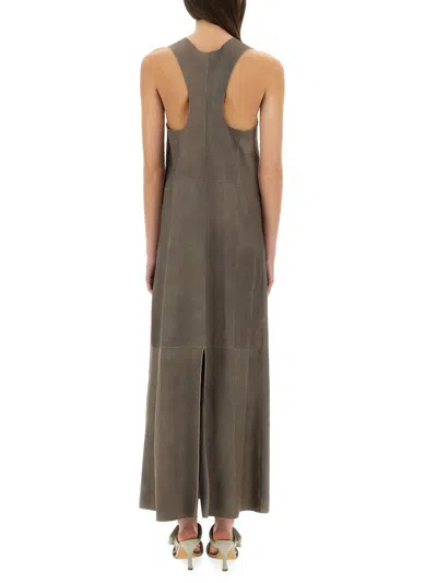 Alysi Sleeveless Leather Maxi Dress With Deep V-neckline In Grey