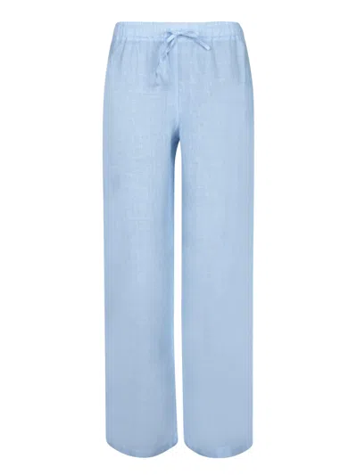 120% Lino Relaxed Wide-leg Linen Pants With Drawstring Waist In Blue