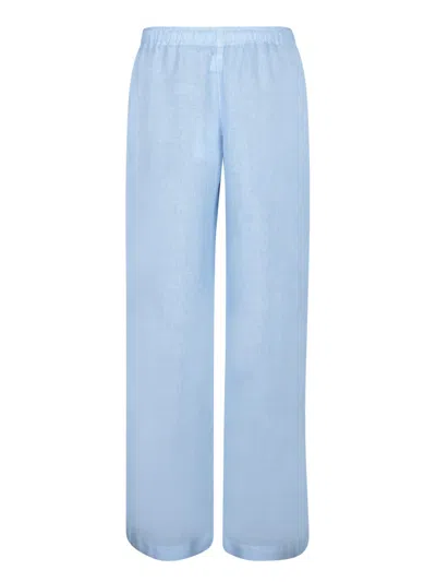 120% Lino Relaxed Wide-leg Linen Pants With Drawstring Waist In Blue