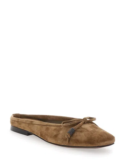 Brunello Cucinelli Beige Ballet Shoes With Square Toe And Bow With Monil Detail In Beige