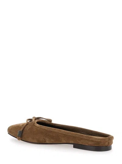 Brunello Cucinelli Beige Ballet Shoes With Square Toe And Bow With Monil Detail In Beige