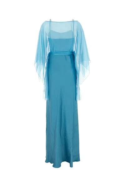 Alberta Ferretti Blue Long Dress With Layered Design And Upper Cape In Silk Blend Woman In Turchese