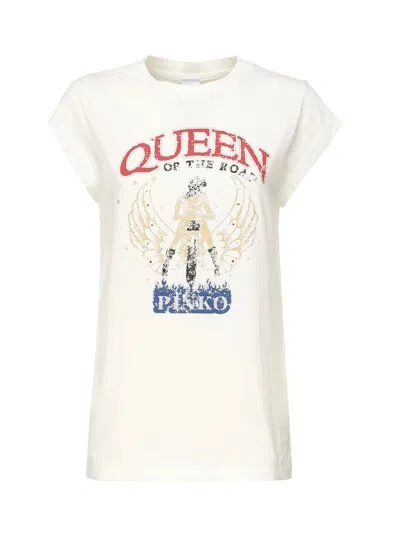 Pinko Queen Of The Road Biker Print T-shirt In Beige