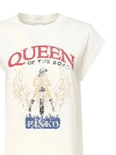 Pinko Queen Of The Road Biker Print T-shirt In Beige
