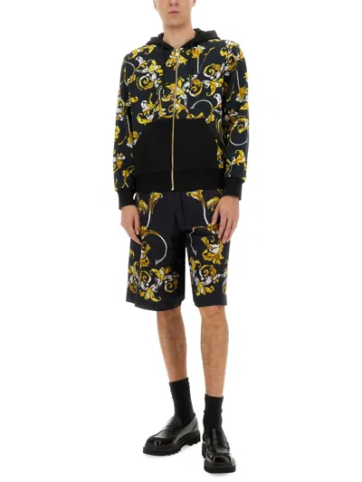 Versace Jeans Couture Printed Hoodie With Front Pockets And Ribbed Trims In Black