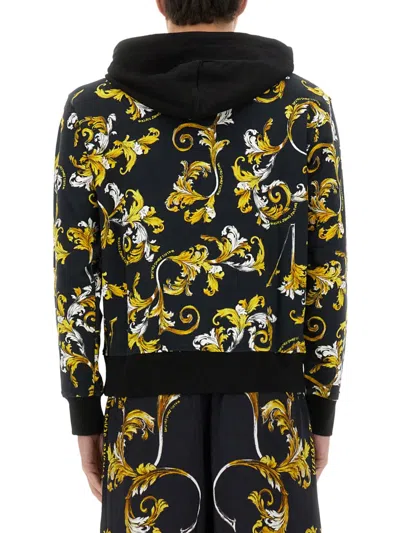Versace Jeans Couture Printed Hoodie With Front Pockets And Ribbed Trims In Black