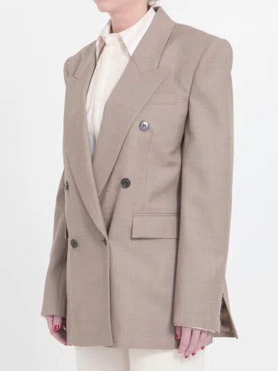 Saint Laurent Wool Double-breasted Jacket In Beige