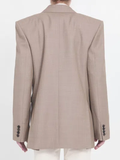 Saint Laurent Wool Double-breasted Jacket In Beige