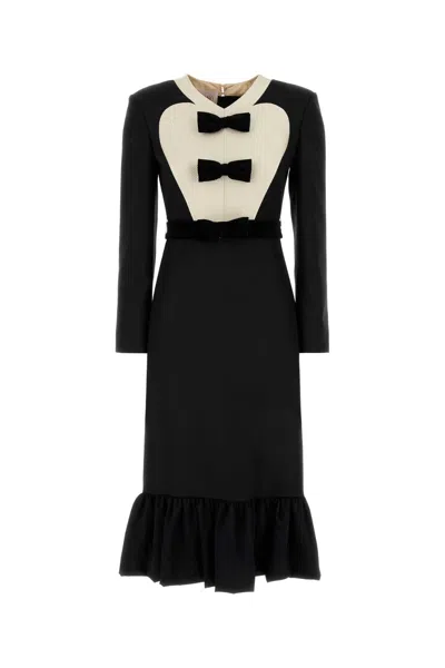 Valentino Belted Bow-embellished Velvet And Ottoman-trimmed Wool Midi Dress In Nerosoftbeige