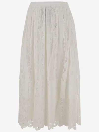 Pinko Flowing Maxi Skirt With Intricate Lace Detailing In White
