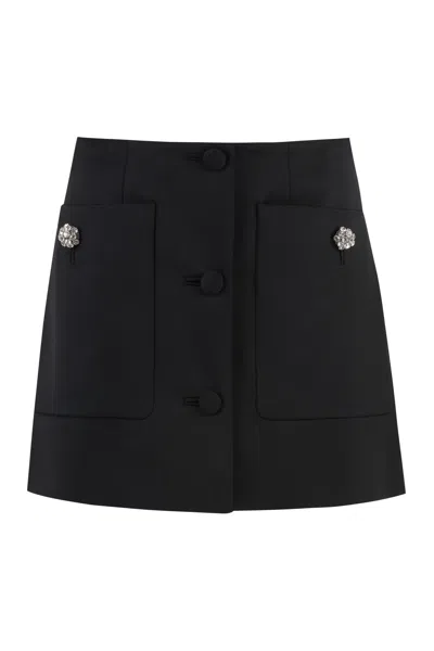 Prada Wool Mini Skirt With Oversized Pockets And Embellished Accents In Black