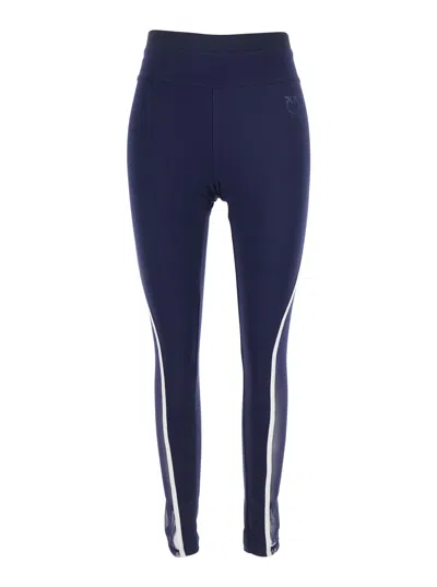 Pinko 'luna Piena' Blue Pants With Love Birds Diamond Cut Embroidery On The Front And Side Striped Detail
