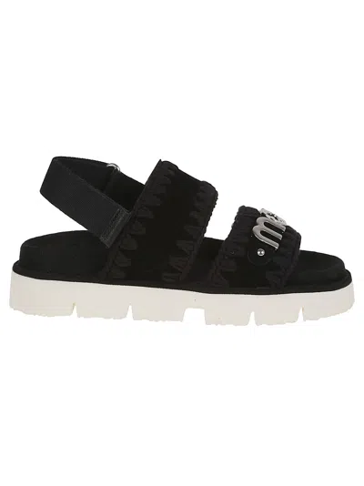 Mou Black Leather Platform Sandals With Decorative Detailing In Bkbk Black Black