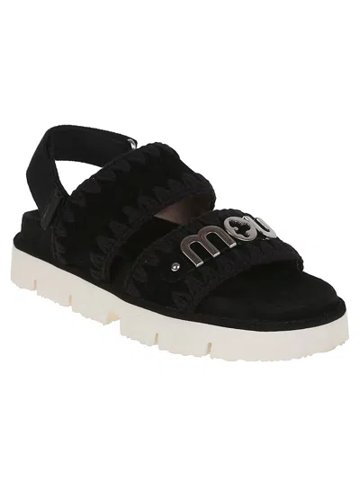 Mou Black Leather Platform Sandals With Decorative Detailing In Bkbk Black Black
