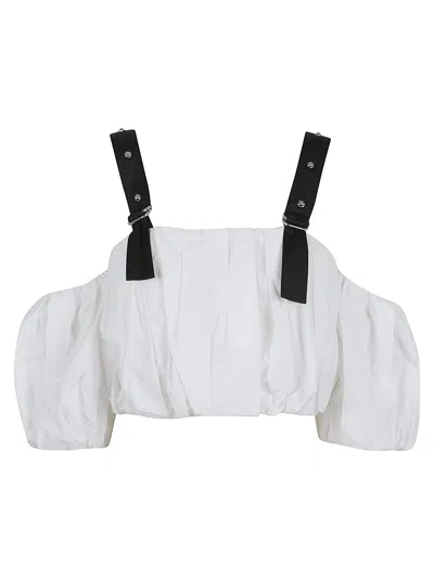 Pinko Cropped Beige Top With Puff Sleeves And Adjustable Straps In Bianco Nero