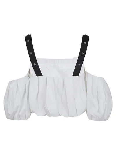 Pinko Cropped Beige Top With Puff Sleeves And Adjustable Straps In Bianco Nero