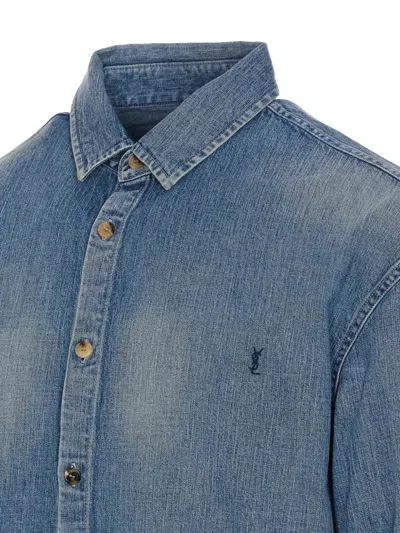 Saint Laurent Cassandre' Blue Cotton Shirt In Multi