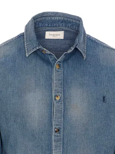 Saint Laurent Cassandre' Blue Cotton Shirt In Multi