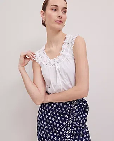 Ann Taylor Petite Weekend Collection Eyelet Tie Neck Top In White