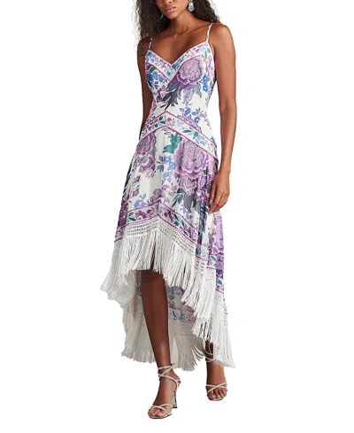 Tadashi Shoji Lua Floral Print Tassel Fringe Slip Dress In White Purple Floral
