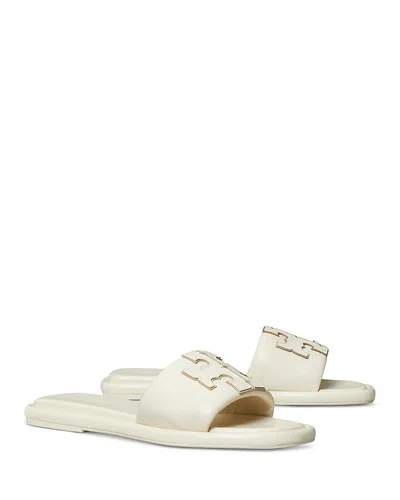 Tory Burch Double T Leather Medallion Slide Sandals In Light Cream