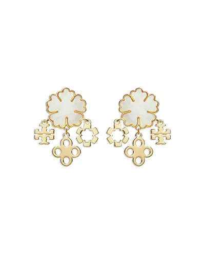 Tory Burch Mother Of Pearl Clover Cluster Drop Earrings In Gold Tone In Gold