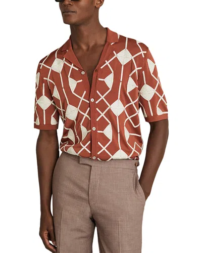 Reiss Paprika Red Geometric Embroidery Knit Shirt In Paprika Red