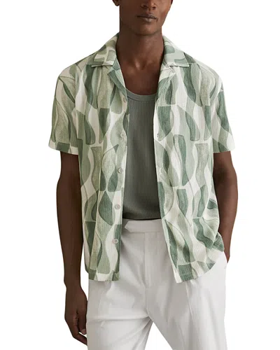Reiss Taro Textured Printed Cuban Shirt In Sage Green