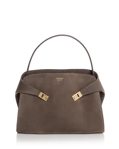 Ferragamo Medium Hug Suede Shoulder Bag In Concrete