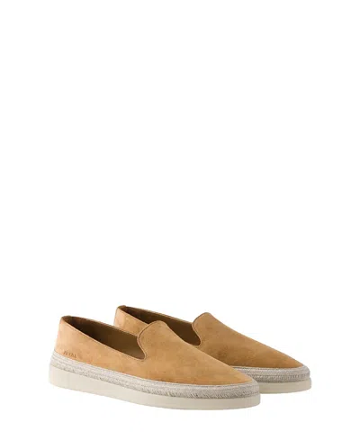 Prada Brown Suede Slip-on Flat Shoes With Textured Sole In Brown