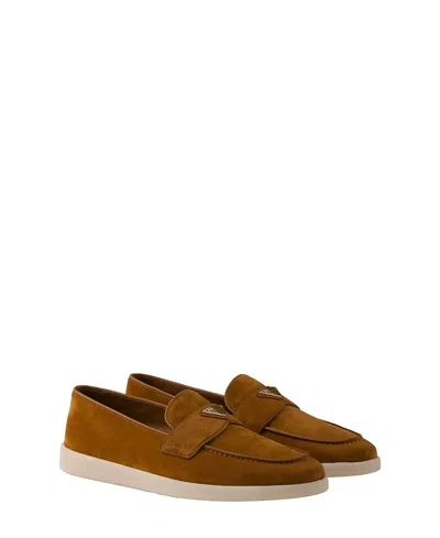 Prada Suede Triangle Loafers In Brown