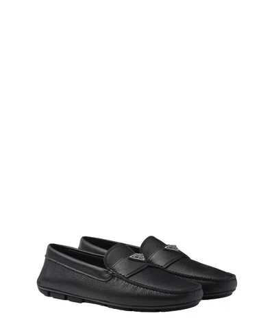 Prada Leather Loafers With Round Toe And Rubber Sole In Black