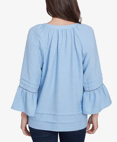 Ruby Rd. Petite Clip Dot Button Front Flared V-neck Top In Light Chambray