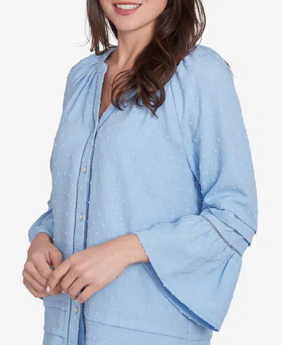 Ruby Rd. Petite Clip Dot Button Front Flared V-neck Top In Light Chambray