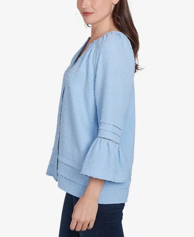 Ruby Rd. Petite Clip Dot Button Front Flared V-neck Top In Light Chambray