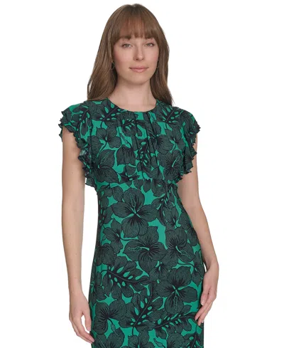Tommy Hilfiger Women's Printed Ruffle-sleeve Midi Dress In Parakeet,sky Captain
