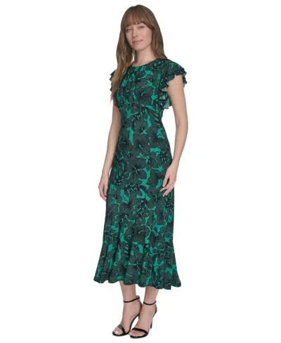 Tommy Hilfiger Women's Printed Ruffle-sleeve Midi Dress In Parakeet,sky Captain