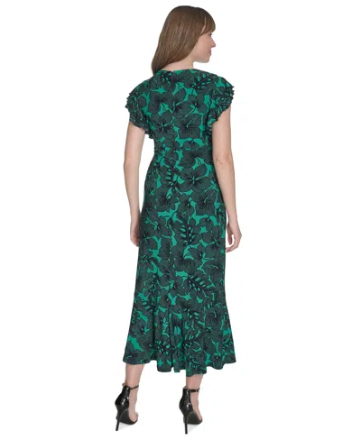 Tommy Hilfiger Women's Printed Ruffle-sleeve Midi Dress In Parakeet,sky Captain
